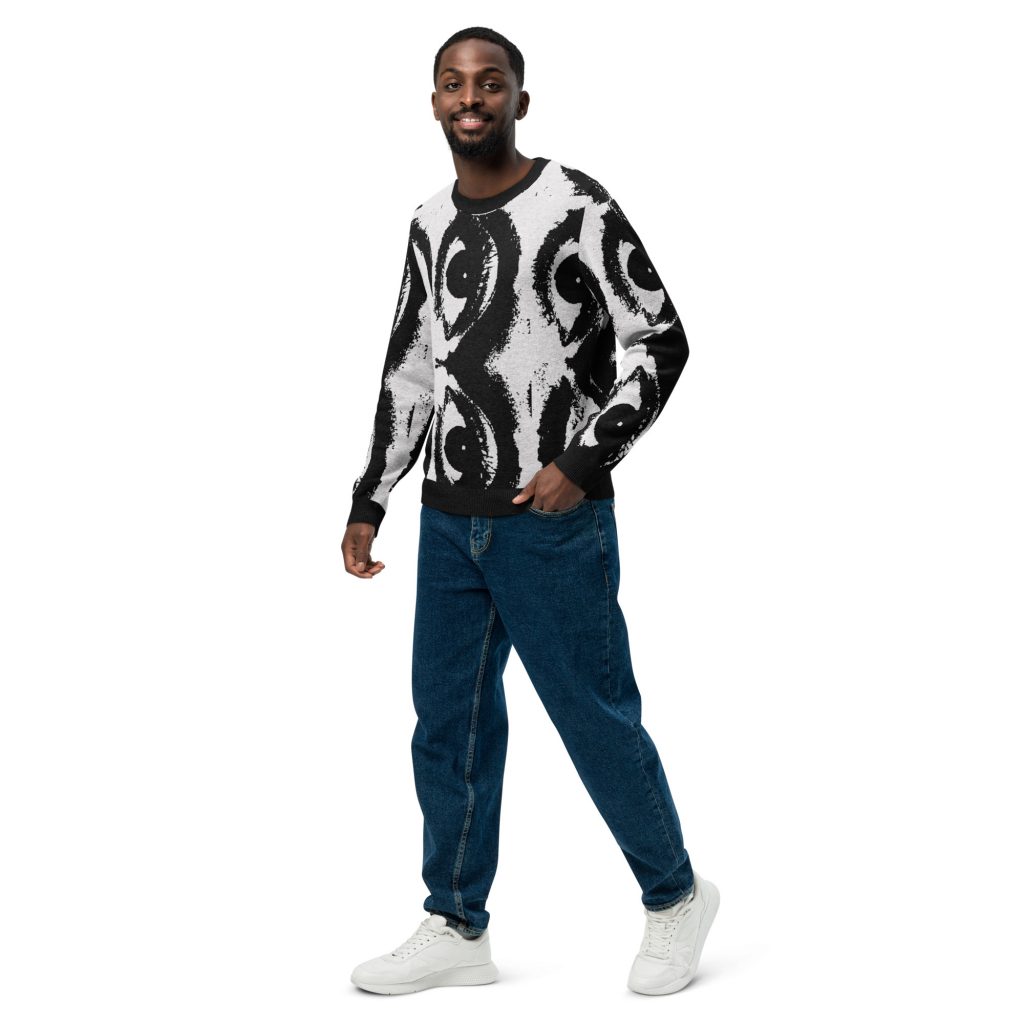 Eyes Knitted Crewneck Sweater Schwarz-Weiß von SNAZZY CLOTHING – Vorderansicht