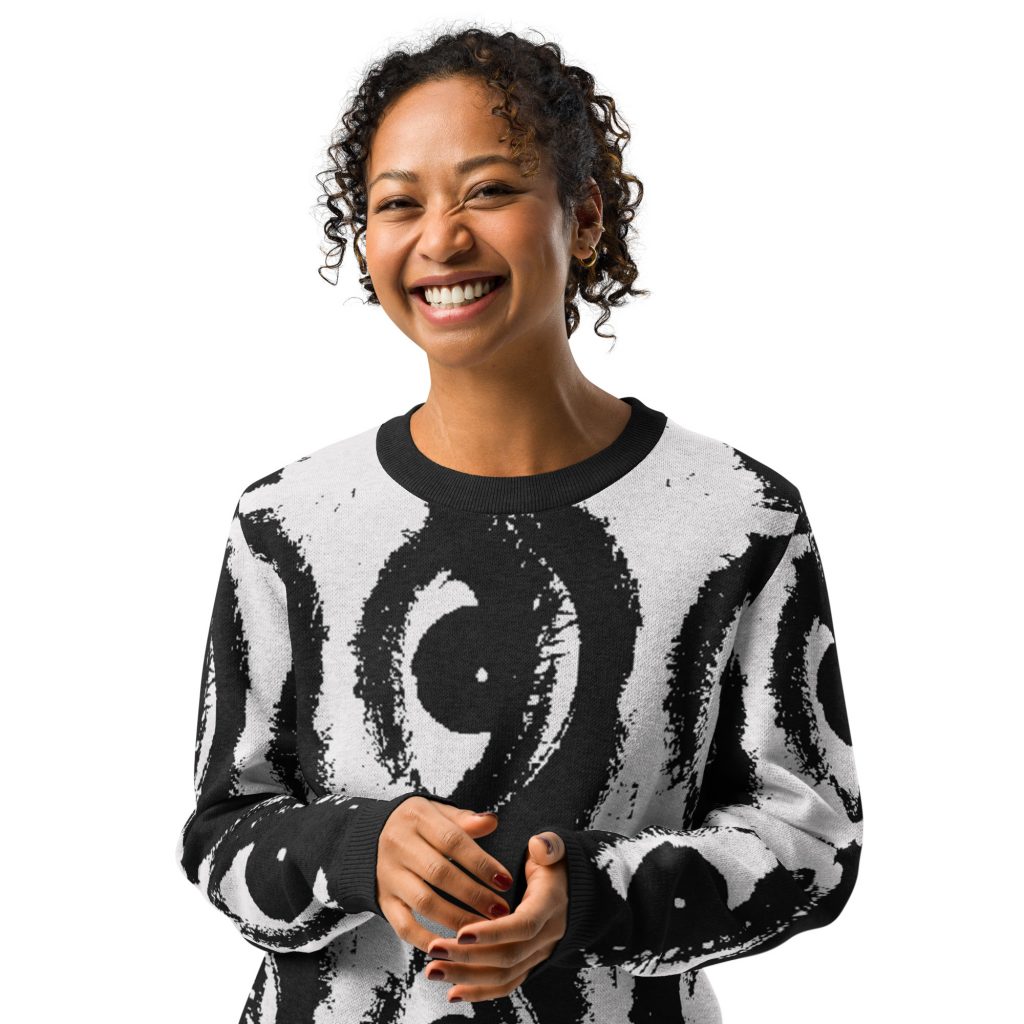 Eyes Knitted Crewneck Sweater Schwarz-Weiß von SNAZZY CLOTHING – Vorderansicht