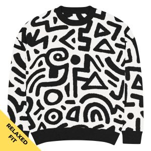 Doodle Knitted Crewneck Sweater Schwarz-Weiß von SNAZZY CLOTHING – Vorderansicht, Relaxed Fit