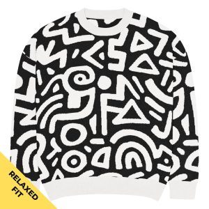 Doodle Knitted Crewneck Sweater Weiß-Schwarz von SNAZZY CLOTHING – Vorderansicht, Relaxed Fit