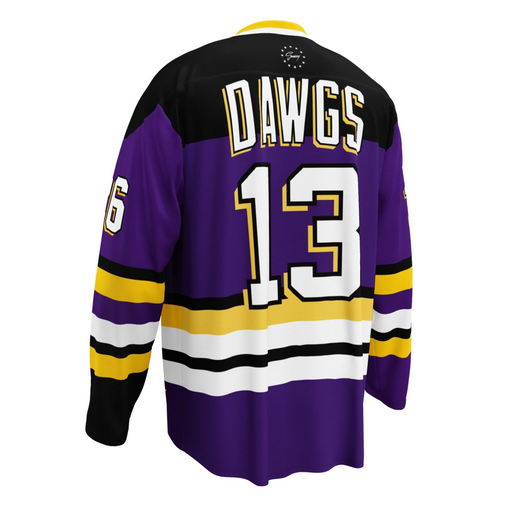 Dawgs Hockey Long Sleeve Jersey Lila-Gelb von SNAZZY CLOTHING – Rückansicht