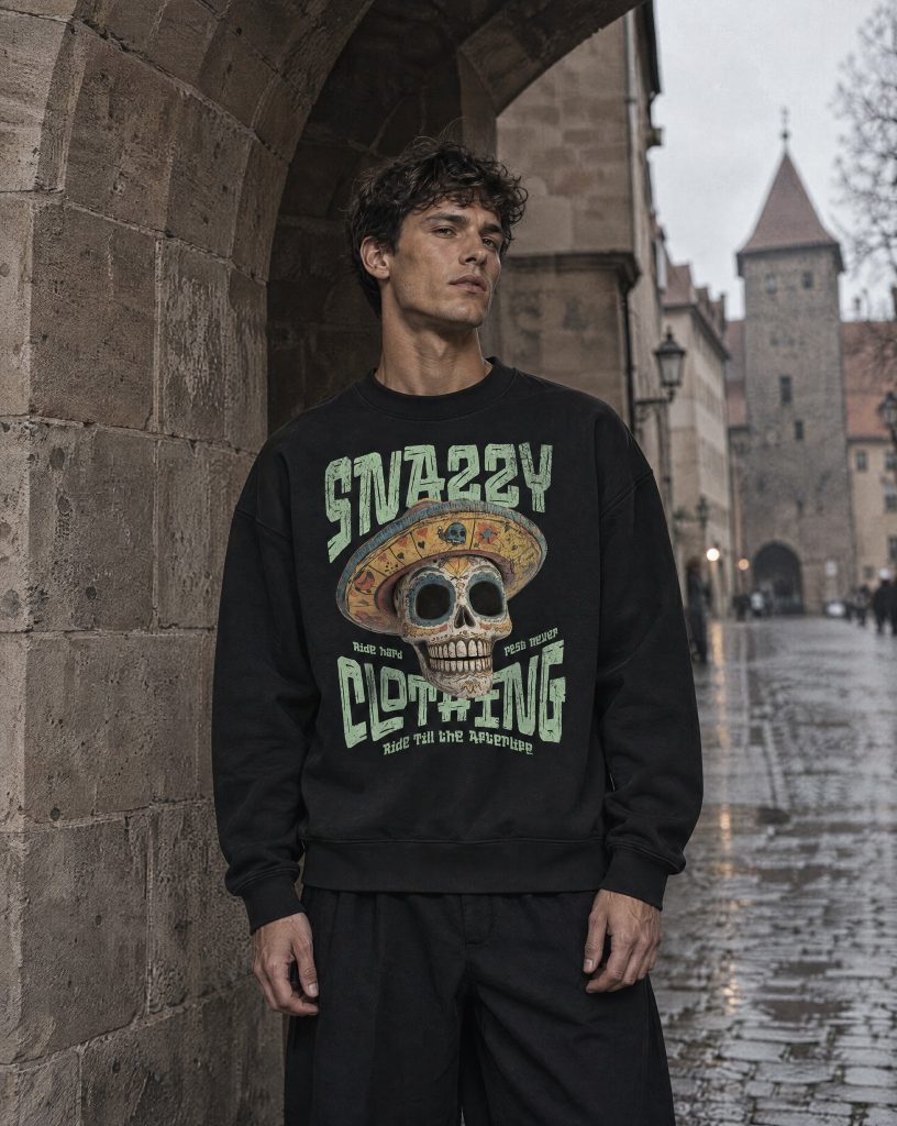Sombrero Skull Heavyweight Sweater von SNAZZY CLOTHING in Schwarz, getragen unter einem Torbogen in Nürnberg