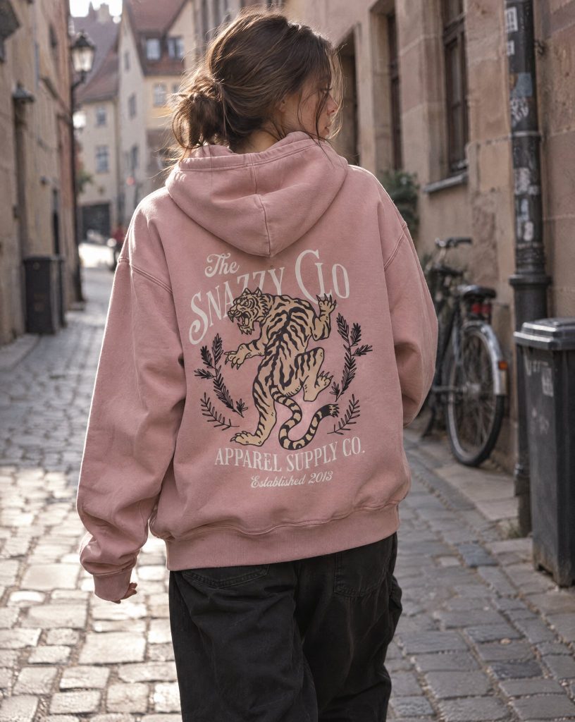 Climbing Tiger Vintage Hoodie von SNAZZY CLOTHING in Altrosa, getragen in der Nürnberger Altstadt