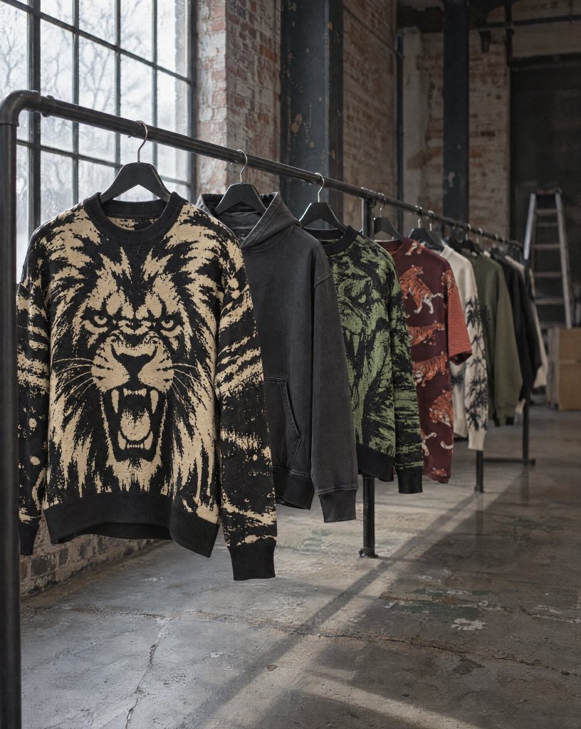 Kleiderständer mit Strickpullovern und Hoodies von SNAZZY CLOTHING in einem Showroom im Industrieloft