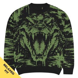 Crocodile Knitted Crewneck Sweater Schwarz-Oliv von SNAZZY CLOTHING – Vorderansicht mit aufgerissenem Krokodilmaul und Palmen in Olivgrün