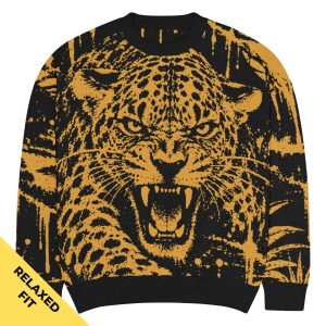 Leopard Knitted Crewneck Sweater Schwarz-Ocker von SNAZZY CLOTHING – Vorderansicht mit fauchendem Leopardenkopf im Jacquard-Strick