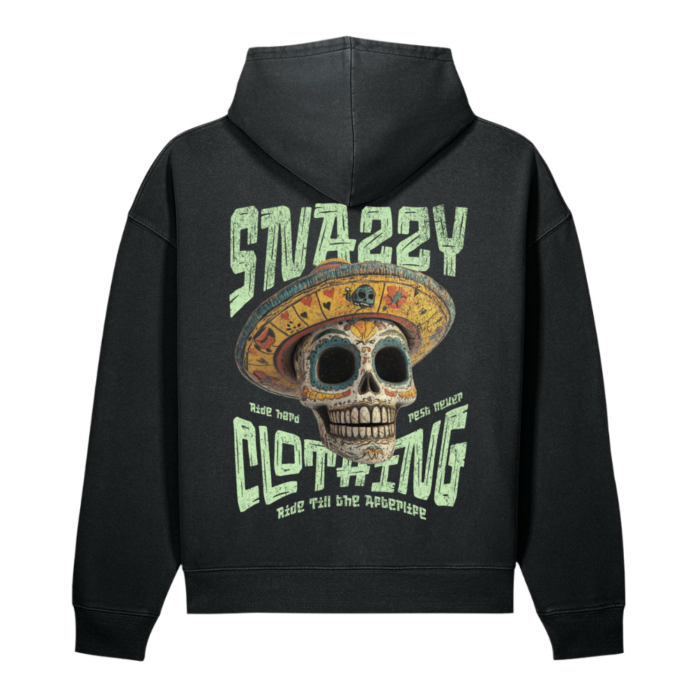 Sombrero Skull Vintage Hoodie Schwarz von SNAZZY CLOTHING – Rückansicht mit Totenkopf-Print