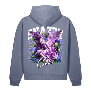 Violet Angel Vintage Hoodie Blaugrau von SNAZZY CLOTHING – Rückansicht mit Engel-Print