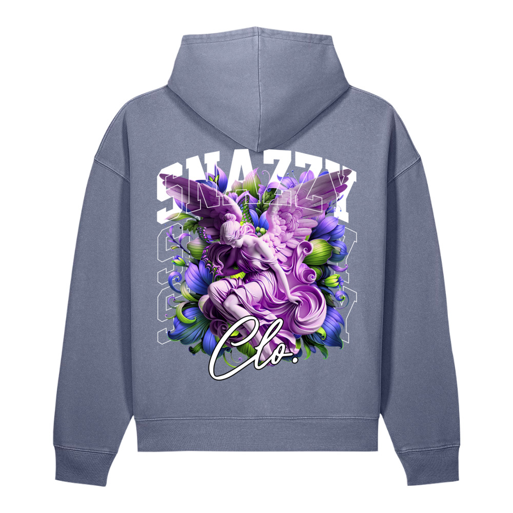 Violet Angel Vintage Hoodie Blaugrau von SNAZZY CLOTHING – Rückansicht mit Engel-Print