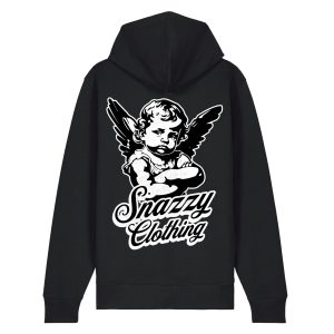 Grumpy Angel Zip Hoodie Schwarz von SNAZZY CLOTHING – Rückansicht mit Engel-Print