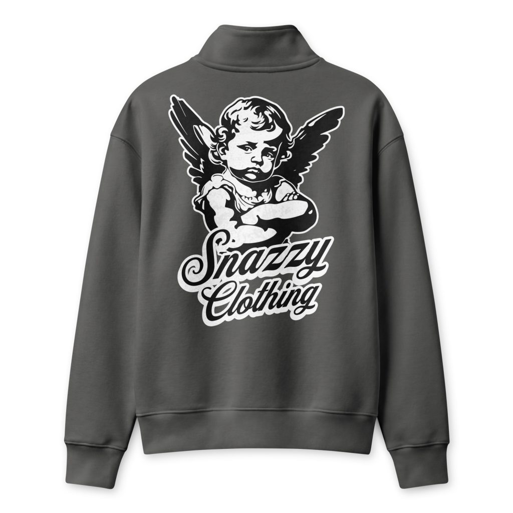 Grumpy Angel Half-Zip Pullover Asphaltgrau von SNAZZY CLOTHING – Rückansicht mit Engel-Print