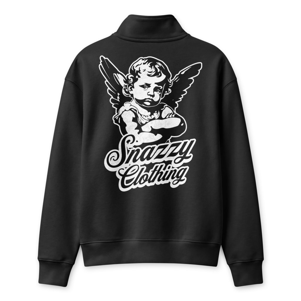 Grumpy Angel Half-Zip Pullover Schwarz von SNAZZY CLOTHING – Rückansicht mit Engel-Print