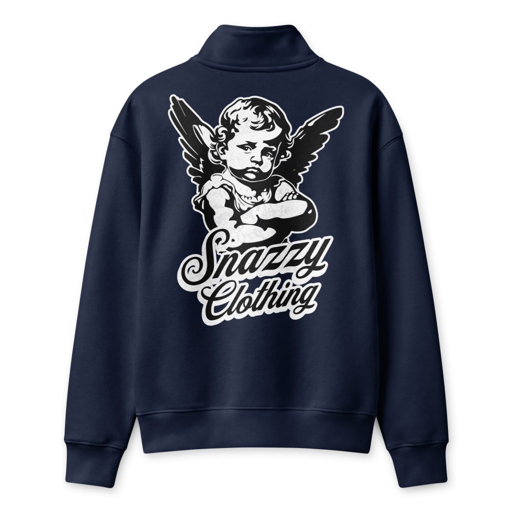 Grumpy Angel Half-Zip Pullover Navy von SNAZZY CLOTHING – Rückansicht mit Engel-Print