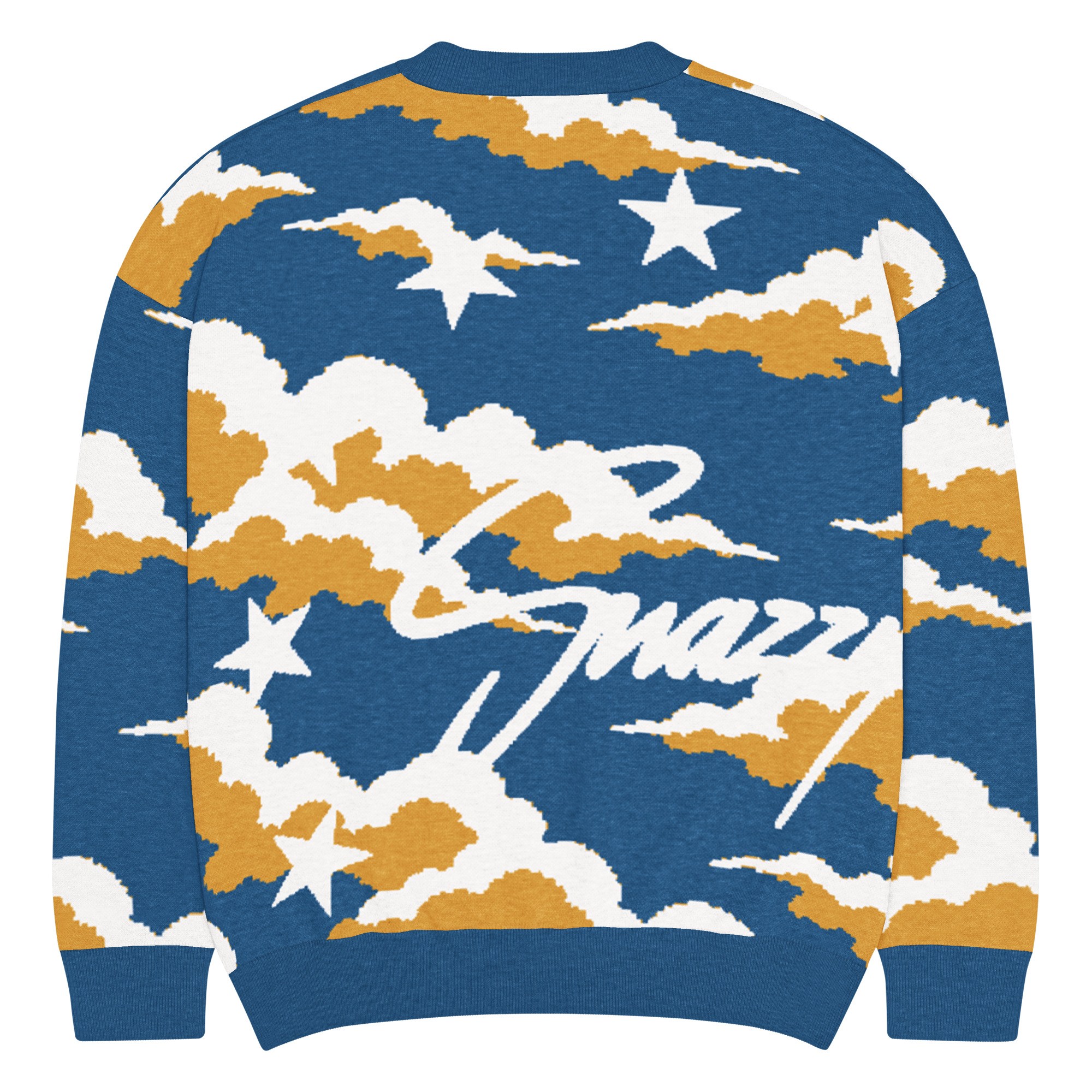 Robber Angel Knitted Crewneck Sweater Blau-Senfgelb von SNAZZY CLOTHING – Rückansicht mit Wolken und Snazzy-Schriftzug
