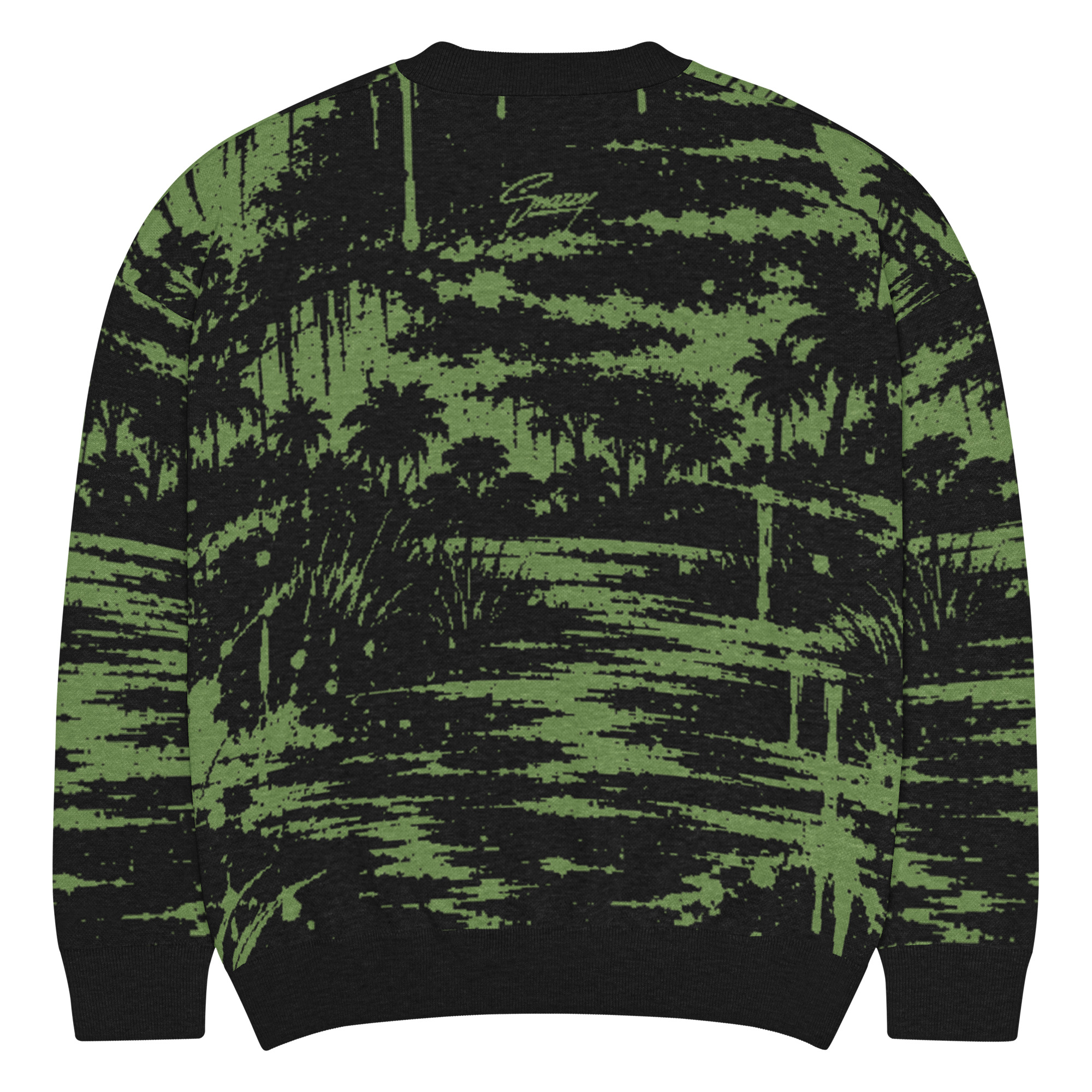 Crocodile Knitted Crewneck Sweater Schwarz-Oliv von SNAZZY CLOTHING – Rückansicht mit Sumpf- und Palmenlandschaft, Wasserlinien und Snazzy-Schriftzug
