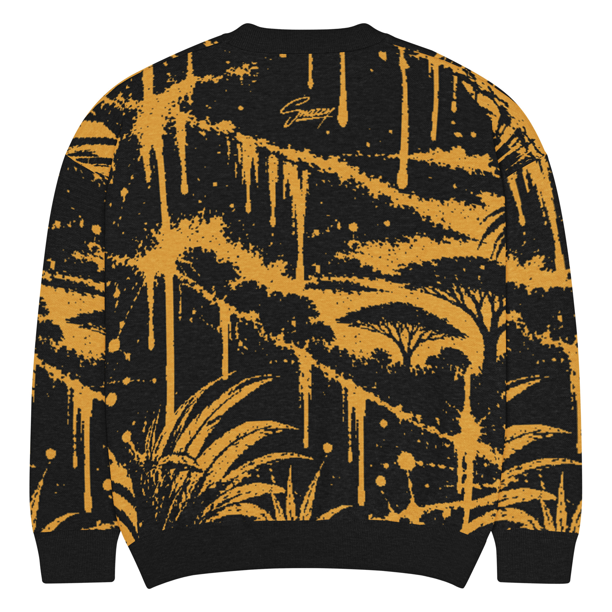 Leopard Knitted Crewneck Sweater Schwarz-Ocker von SNAZZY CLOTHING – Rückansicht mit Savannenlandschaft, Schirmakazien und Snazzy-Schriftzug