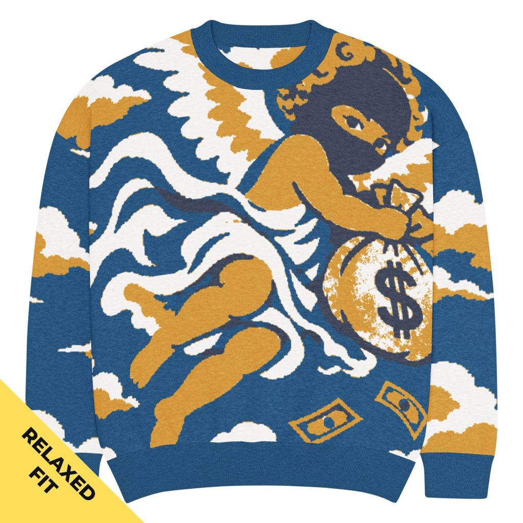Robber Angel Knitted Crewneck Sweater Blau-Senfgelb von SNAZZY CLOTHING – Vorderansicht mit maskiertem Engel und Geldsack, Relaxed Fit
