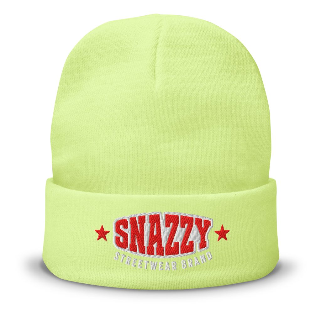 Strong Cuffed Beanie Neongelb von SNAZZY CLOTHING – Vorderansicht mit SNAZZY-Stick