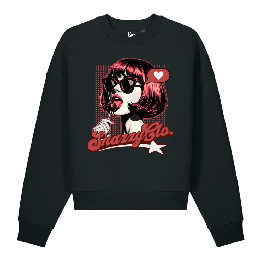 Pop Art Girl Heavyweight Sweater Schwarz von SNAZZY CLOTHING – Vorderansicht mit Pop-Art-Print