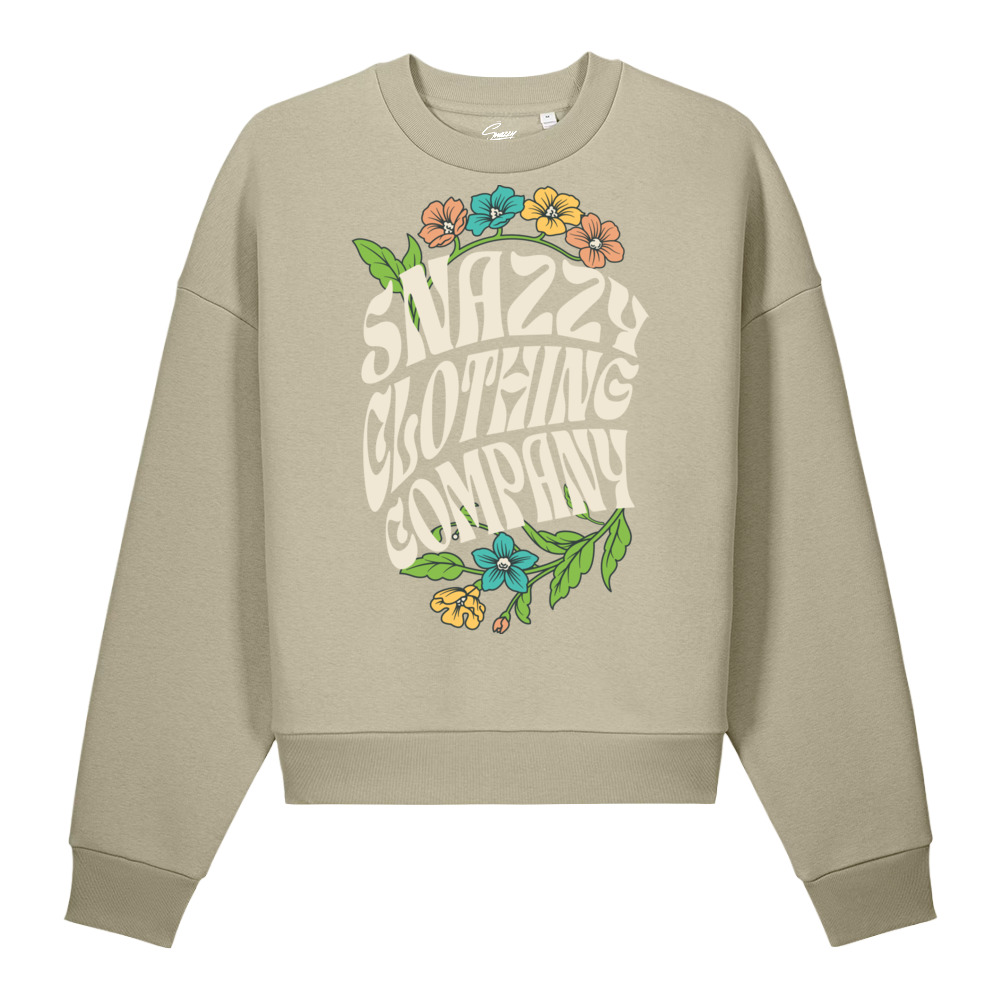 Retro Flowers Heavyweight Sweater Steinbeige von SNAZZY CLOTHING – Vorderansicht mit Blumen-Print