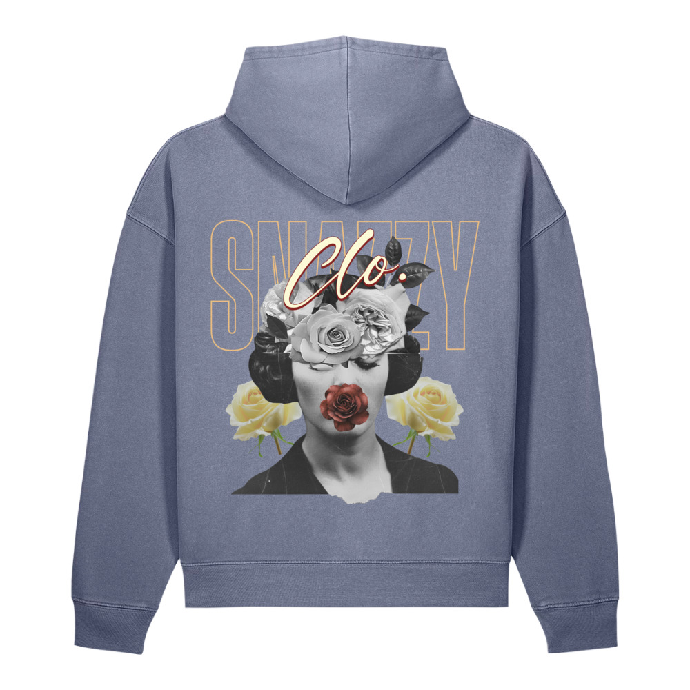 Rose Collage Vintage Hoodie Blaugrau von SNAZZY CLOTHING – Rückansicht mit Rosen-Collage-Print
