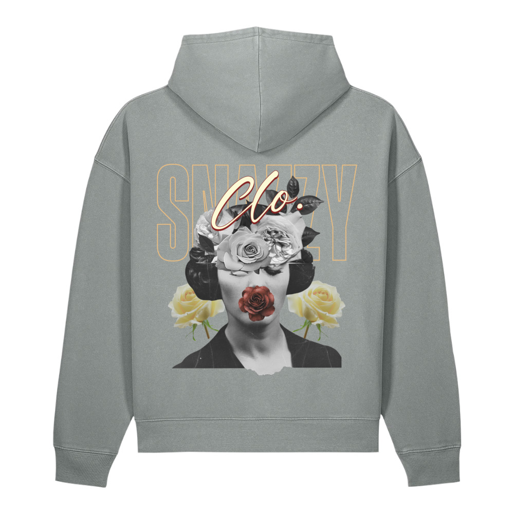 Rose Collage Vintage Hoodie Nebelgrau von SNAZZY CLOTHING – Rückansicht mit Rosen-Collage-Print