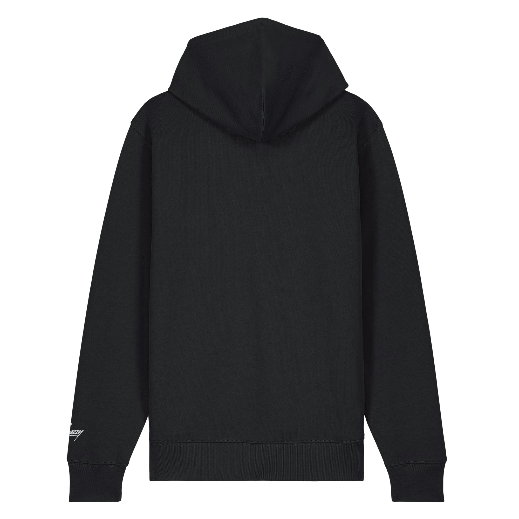 Blank Heavyweight Zip Hoodie Schwarz von SNAZZY CLOTHING – Rückansicht mit Snazzy-Stick über dem Ärmelbündchen