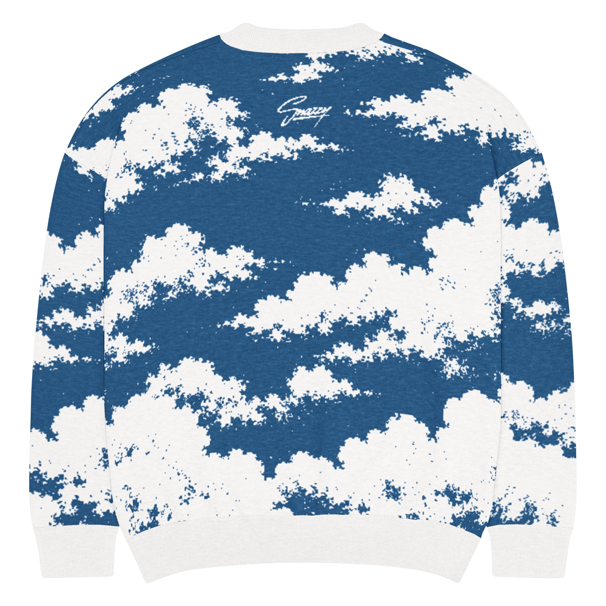 CLOUDS KNITTED CREWNECK SWEATER Blau-Weiß von SNAZZY CLOTHING – Rückansicht mit Snazzy-Schriftzug